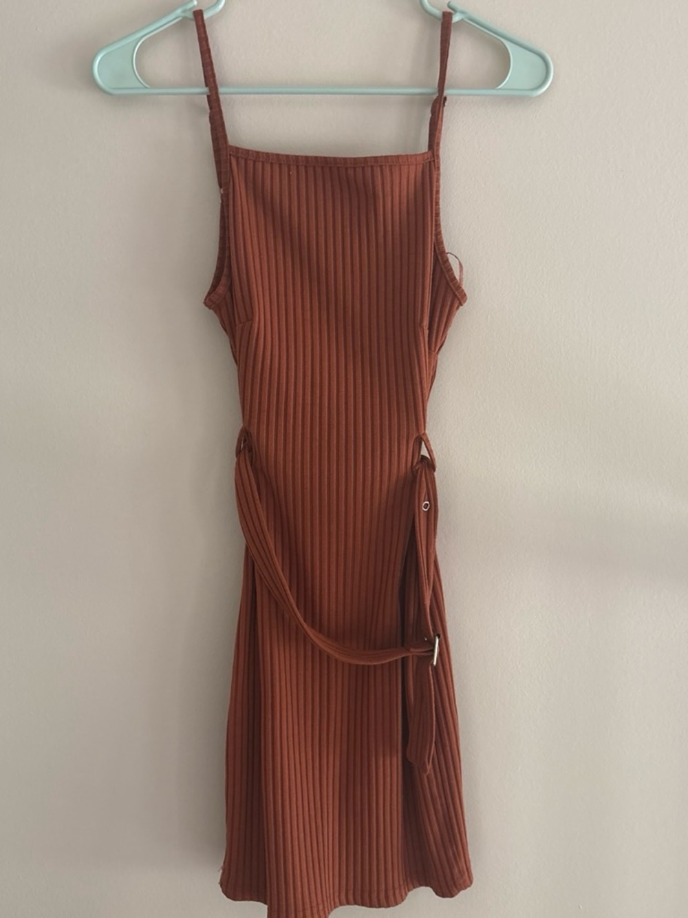 Ribbed Spaghetti Strap Dress in Rust
